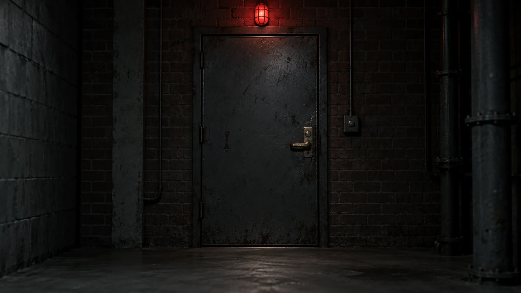 A closed steel service door under a single caged red bulb in a dark corridor