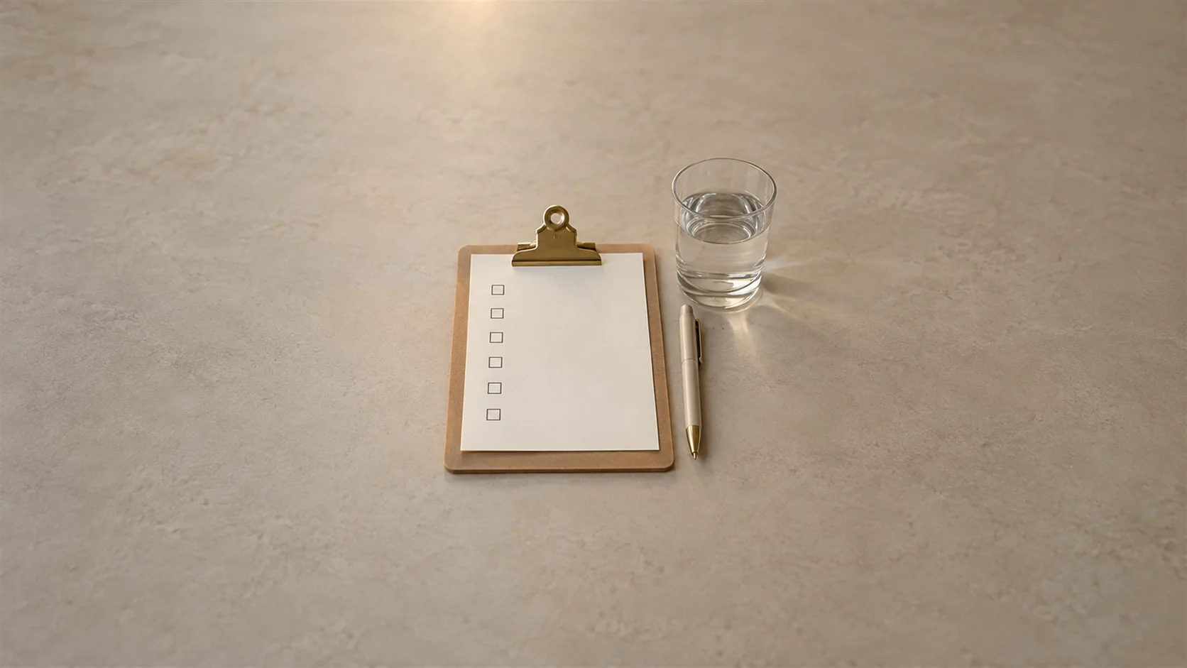 A clipboard with a blank printed checklist and a pen on a meeting table beside a glass of water.