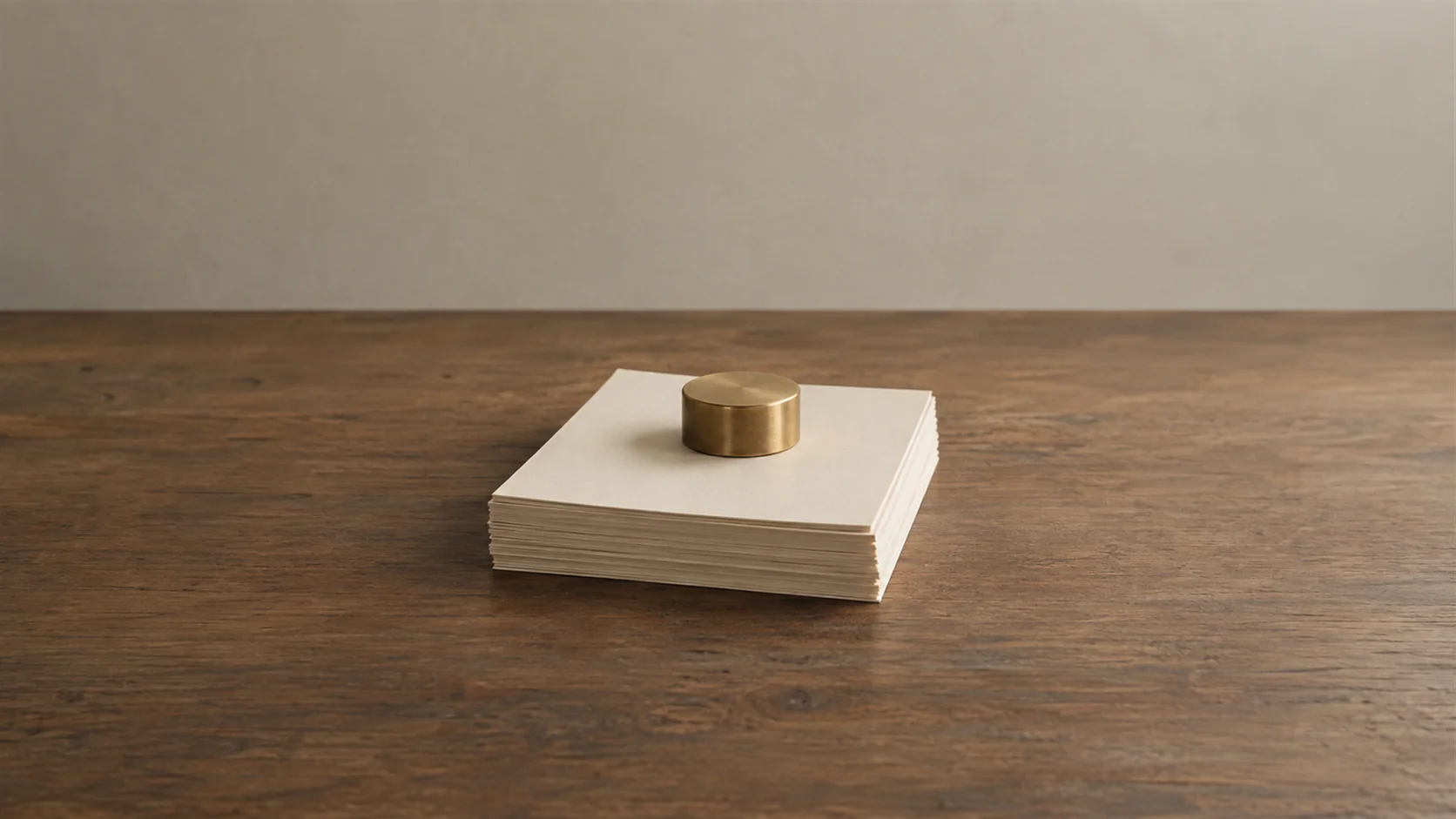 A neat stack of blank printed forms squared up on a desk with a paperweight on top.