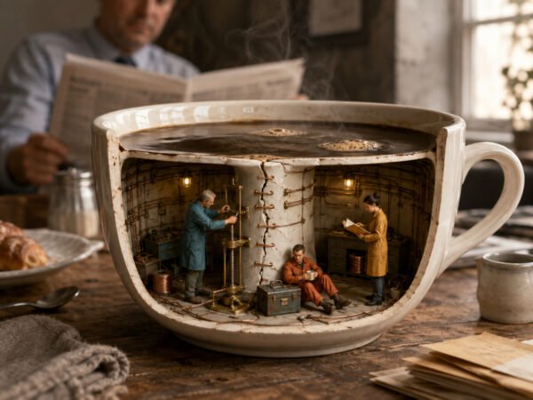 Surreal miniature technicians repair a cracked coffee cup beneath an ordinary breakfast, making hidden maintenance visible.