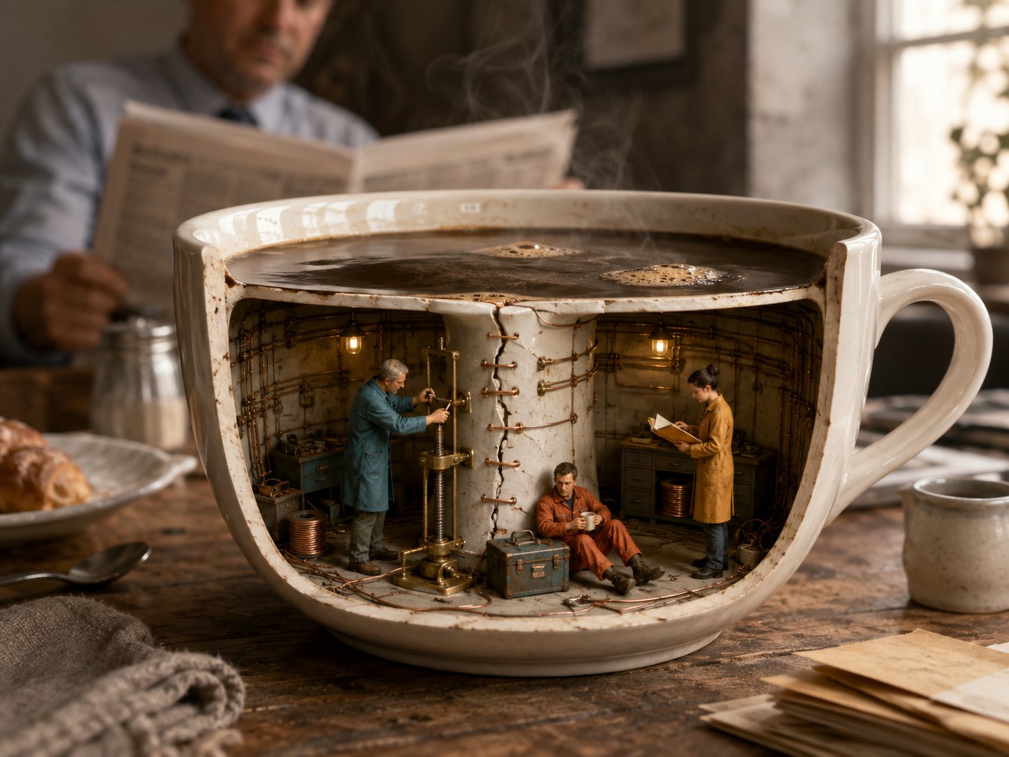 Surreal miniature technicians repair a cracked coffee cup beneath an ordinary breakfast, making hidden maintenance visible.