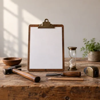 A blank clipboard and small hourglass sit beside neatly arranged tools on a workbench.