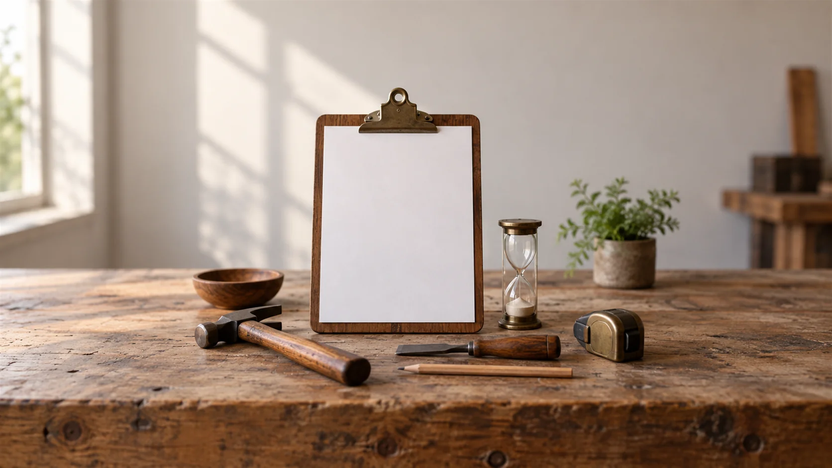A blank clipboard and small hourglass sit beside neatly arranged tools on a workbench.