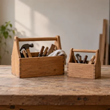 Two plain wooden toolboxes of different sizes resting side by side on a neutral workbench.