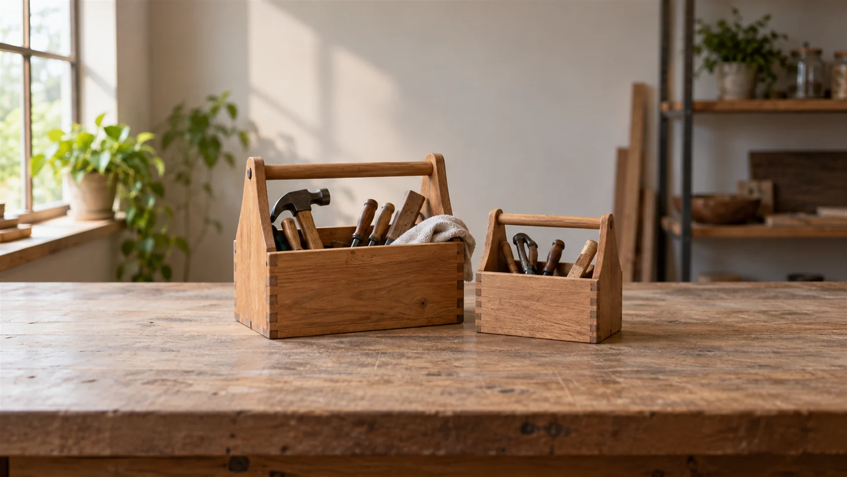 Two plain wooden toolboxes of different sizes resting side by side on a neutral workbench.