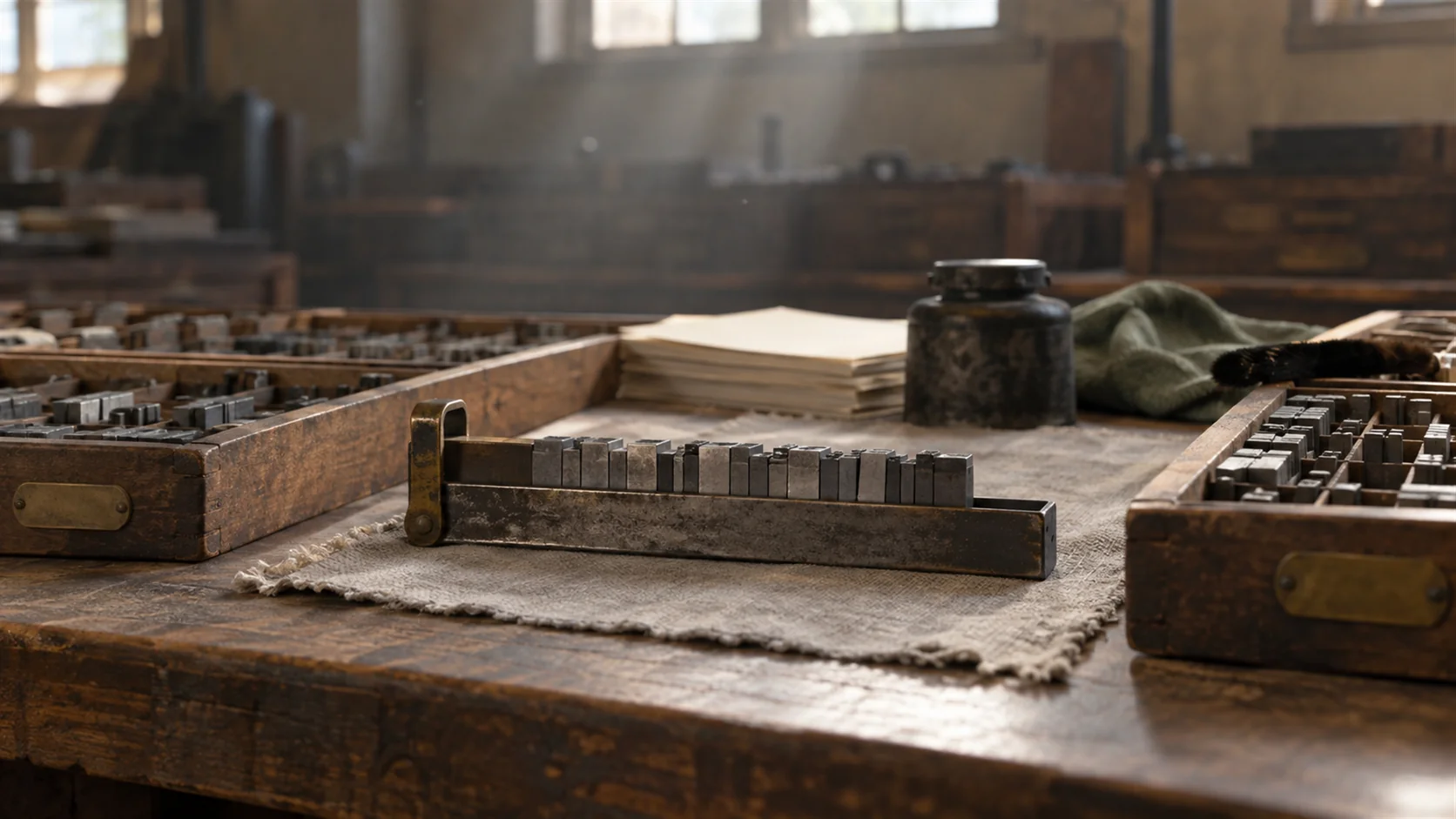 A composing stick holding a line of metal type on a bench of type cases