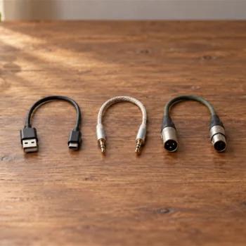 Three short plain cords with different simple metal connectors arranged neatly on a wooden tabletop.