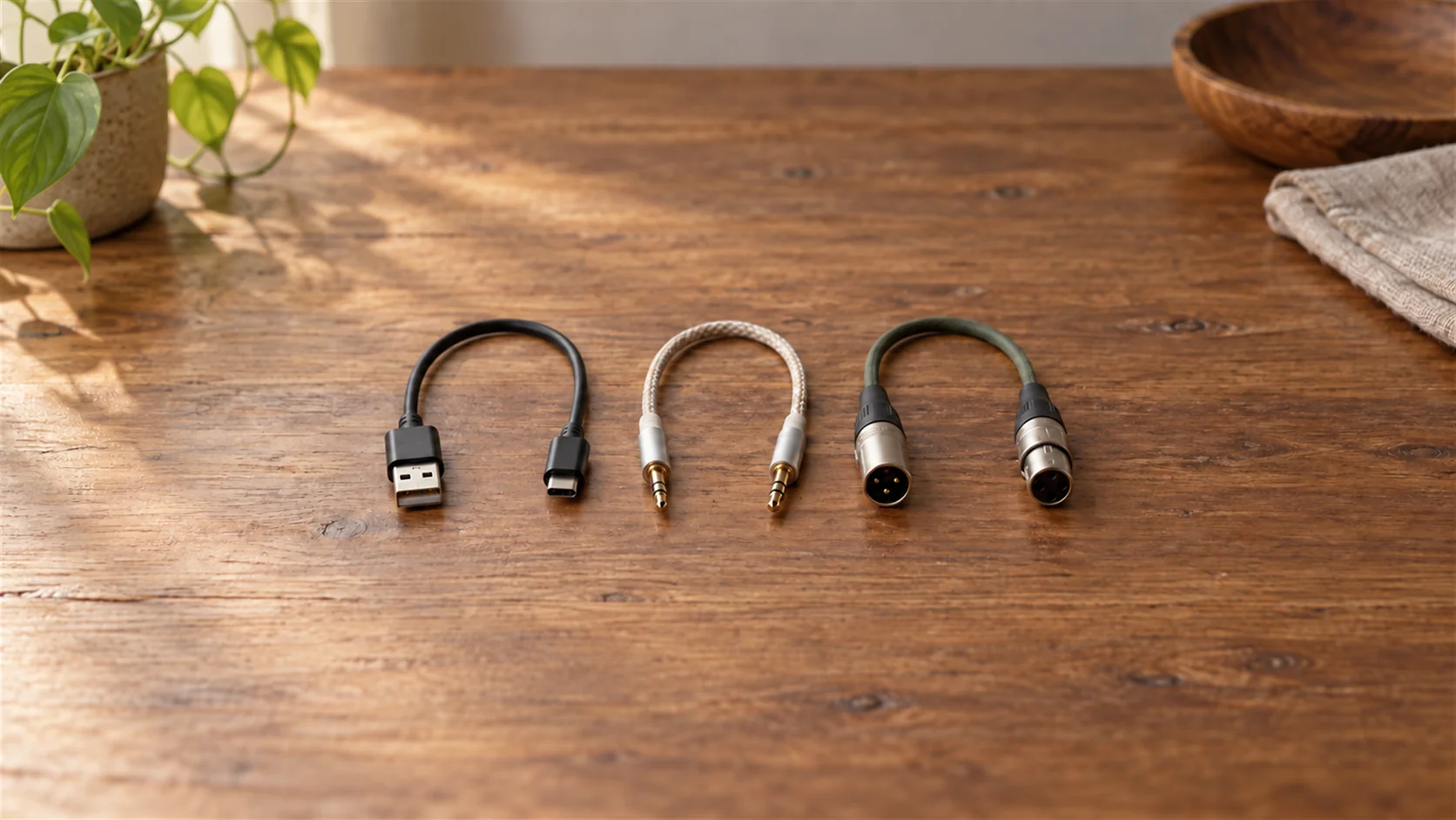 Three short plain cords with different simple metal connectors arranged neatly on a wooden tabletop.