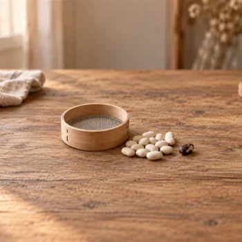 A small wooden sieve beside neatly sorted beans and a separate imperfect bean on a table.