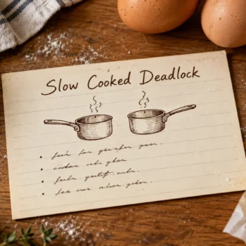 A recipe card on a kitchen counter, hand lettered, titled Slow Cooked Deadlock, with two small drawn pans facing each other.