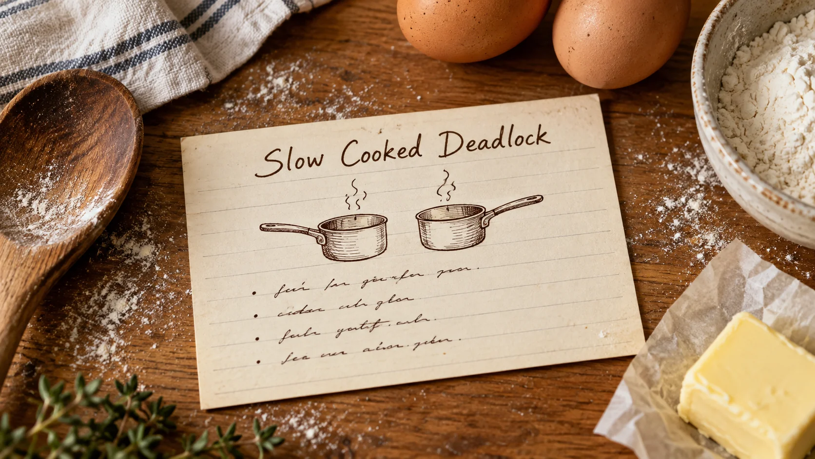 A SQL Server deadlock written up as a recipe card on a kitchen counter, hand lettered, titled Slow Cooked Deadlock, with two small drawn pans facing each other.