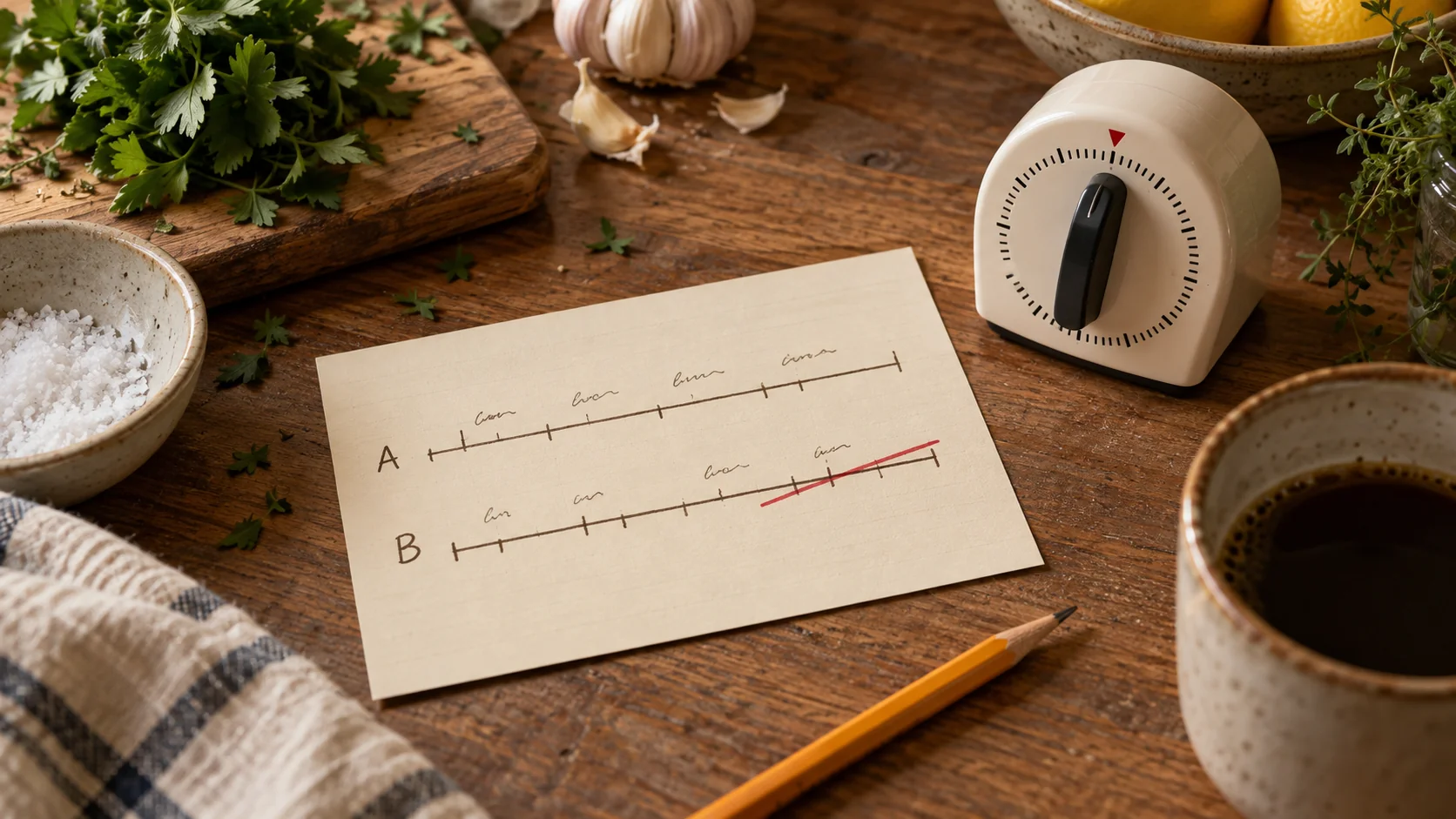 A kitchen timer drawn beside a hand written timeline of two sessions, with one line struck through in red.