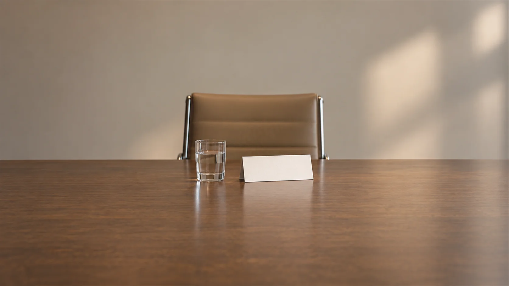 A meeting room table with one glass of water and a blank folded name card in front of an empty chair.