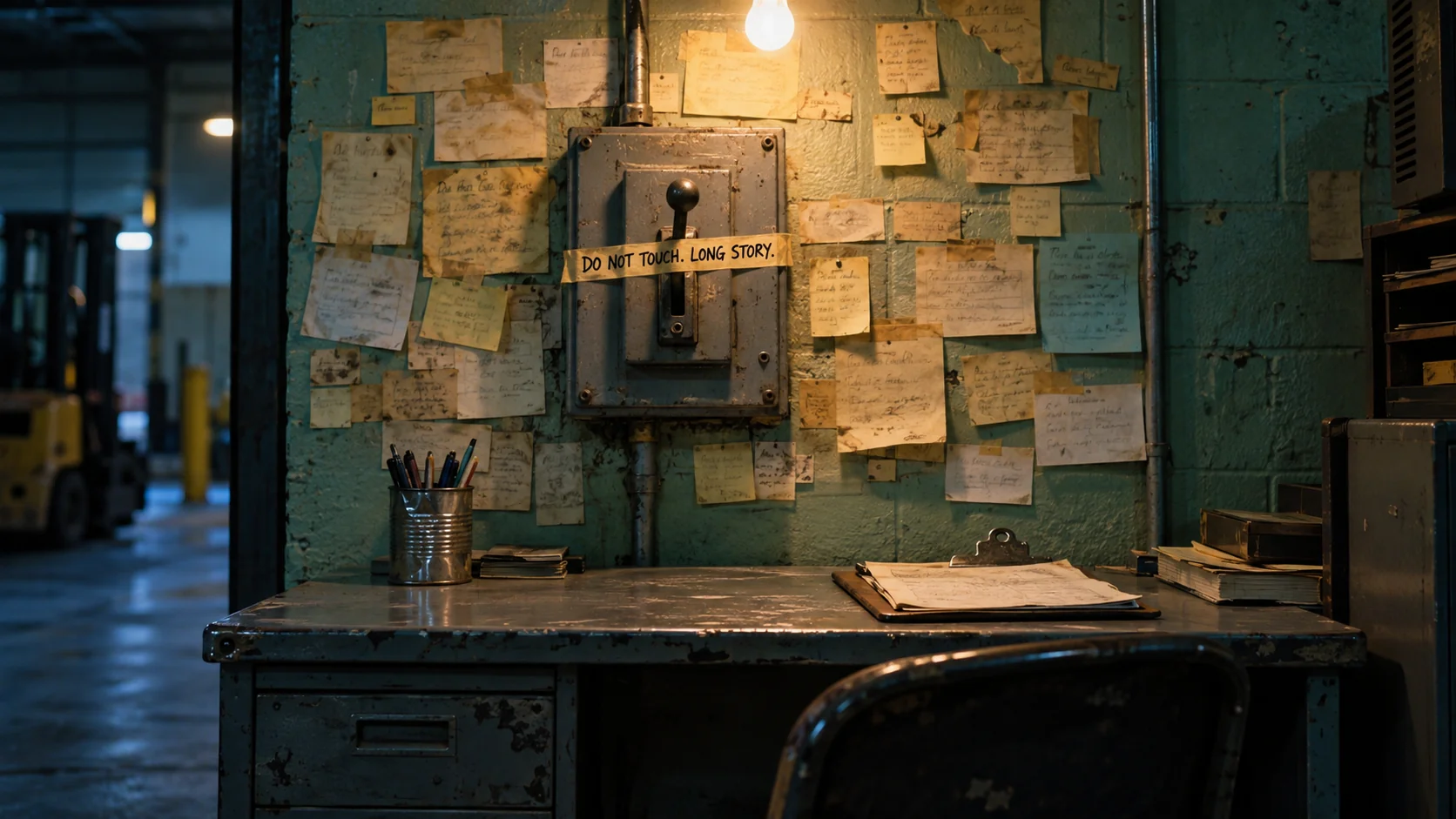An old warehouse wall switch surrounded by years of faded handwritten notes, with masking tape across the lever reading DO NOT TOUCH. LONG STORY.