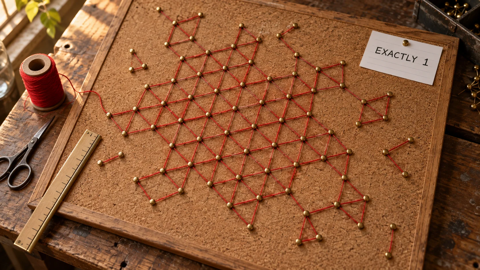 A cork board crowded with brass pins and red strings all cut to the same length, with a small card pinned at the edge reading EXACTLY 1