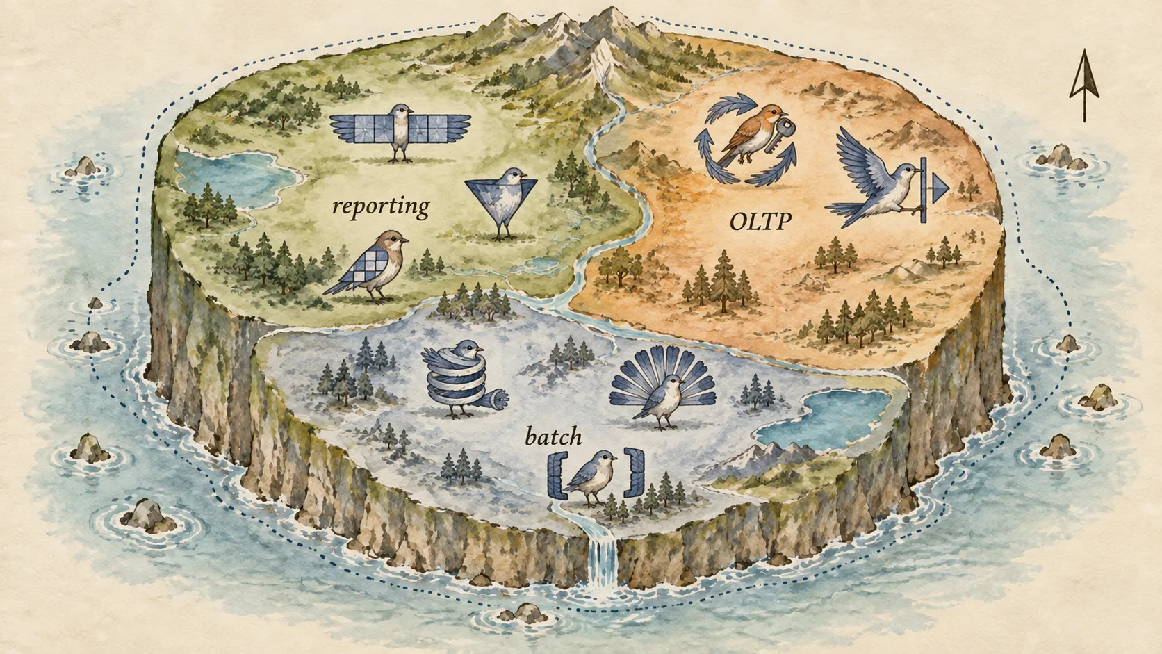 Field guide style range map of a database, with shaded regions labelled reporting, OLTP and batch, and small species icons placed where each is most often found.
