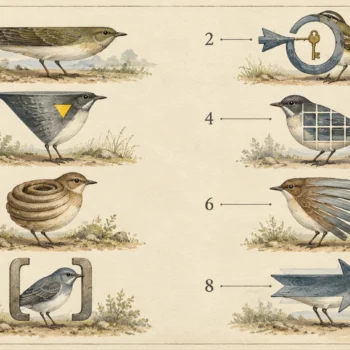 A colour plate in the style of a classic bird guide, eight small execution plan silhouettes arranged in two columns with numbers beside them.