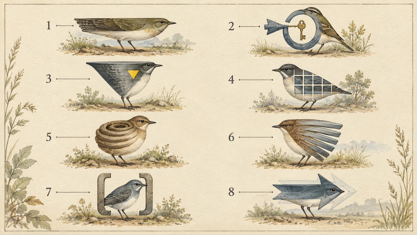 A colour plate in the style of a classic bird guide, eight small execution plan silhouettes arranged in two columns with numbers beside them.