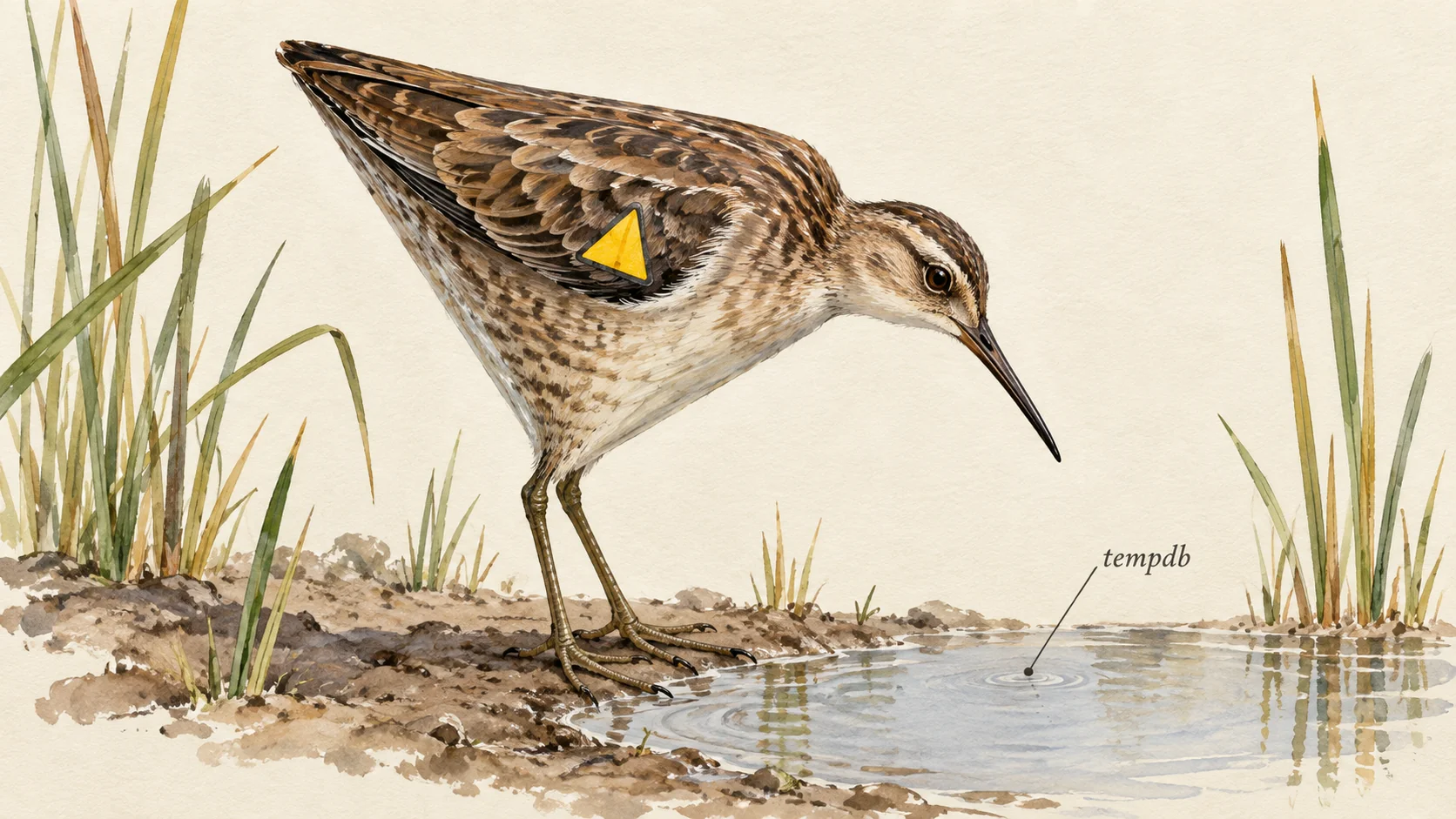 Field guide illustration of a sort operator drawn as a small bird with a yellow triangle on its wing, beside a puddle labelled tempdb.