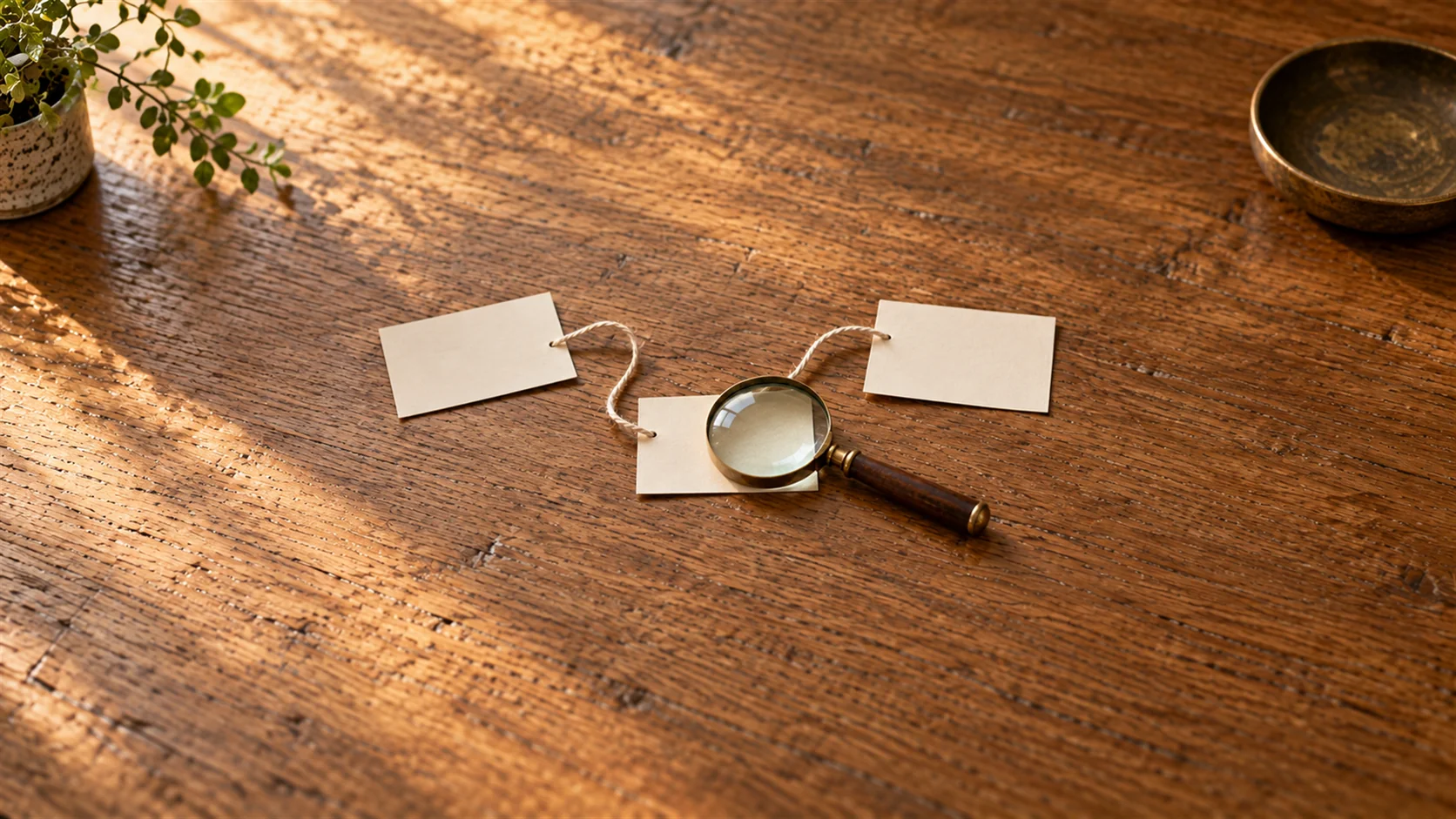 A small magnifying glass over blank index cards connected with plain cotton thread on wood.