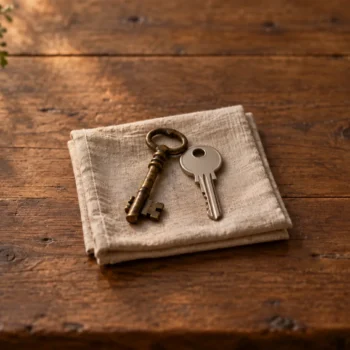 An old metal key rests beside a newer unmarked key on folded plain linen.