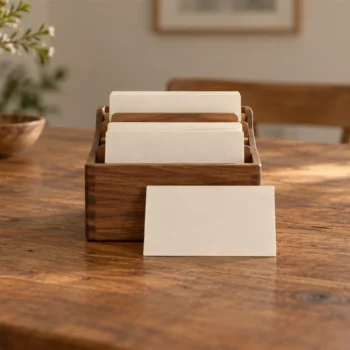 A small wooden organizer separates blank index cards into several tidy compartments.