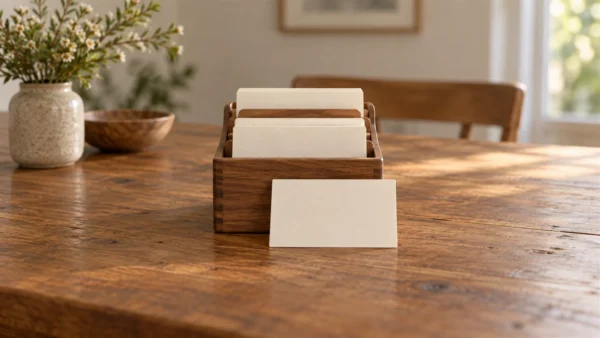 A small wooden organizer separates blank index cards into several tidy compartments.