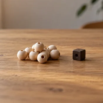 A small pile of matching wooden beads with one visibly different bead separated on a table.