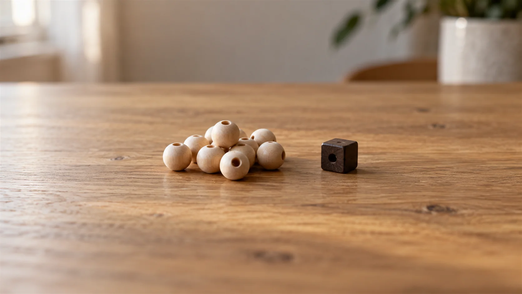 A small pile of matching wooden beads with one visibly different bead separated on a table.