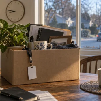 A box of office belongings and a blank access badge on a kitchen table, while a car leaves the neighborhood outside.