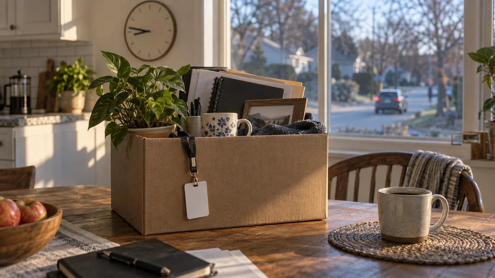 A box of office belongings and a blank access badge on a kitchen table, while a car leaves the neighborhood outside.