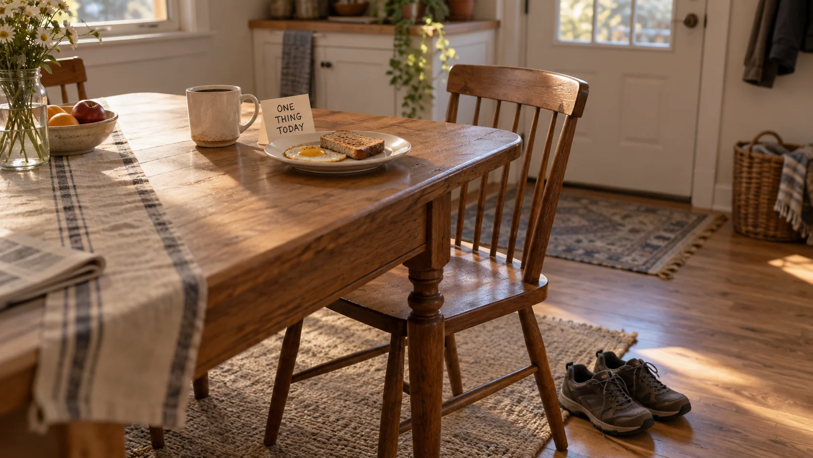 Breakfast and a handwritten ONE THING TODAY note on a kitchen table, with walking shoes beside the chair.