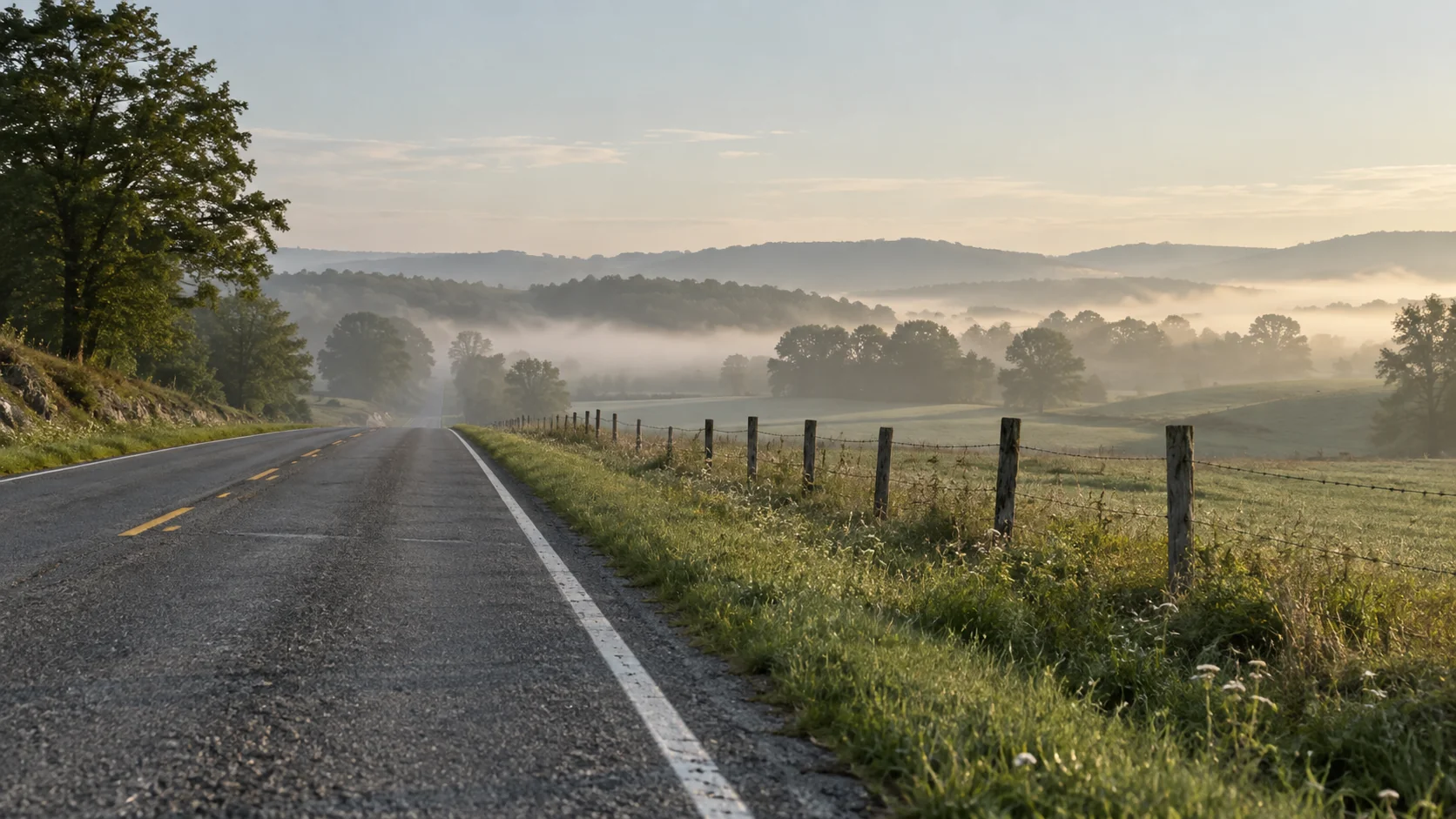A quiet country road beside green fields as thin morning mist gradually clears.