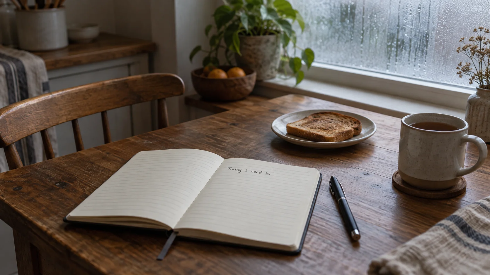 An open notebook with the unfinished line Today I need to, beside untouched toast and a misted window.