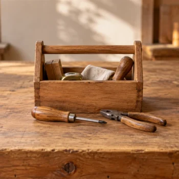 A compact plain toolbox with a few neatly arranged hand tools on a warm wooden workbench.