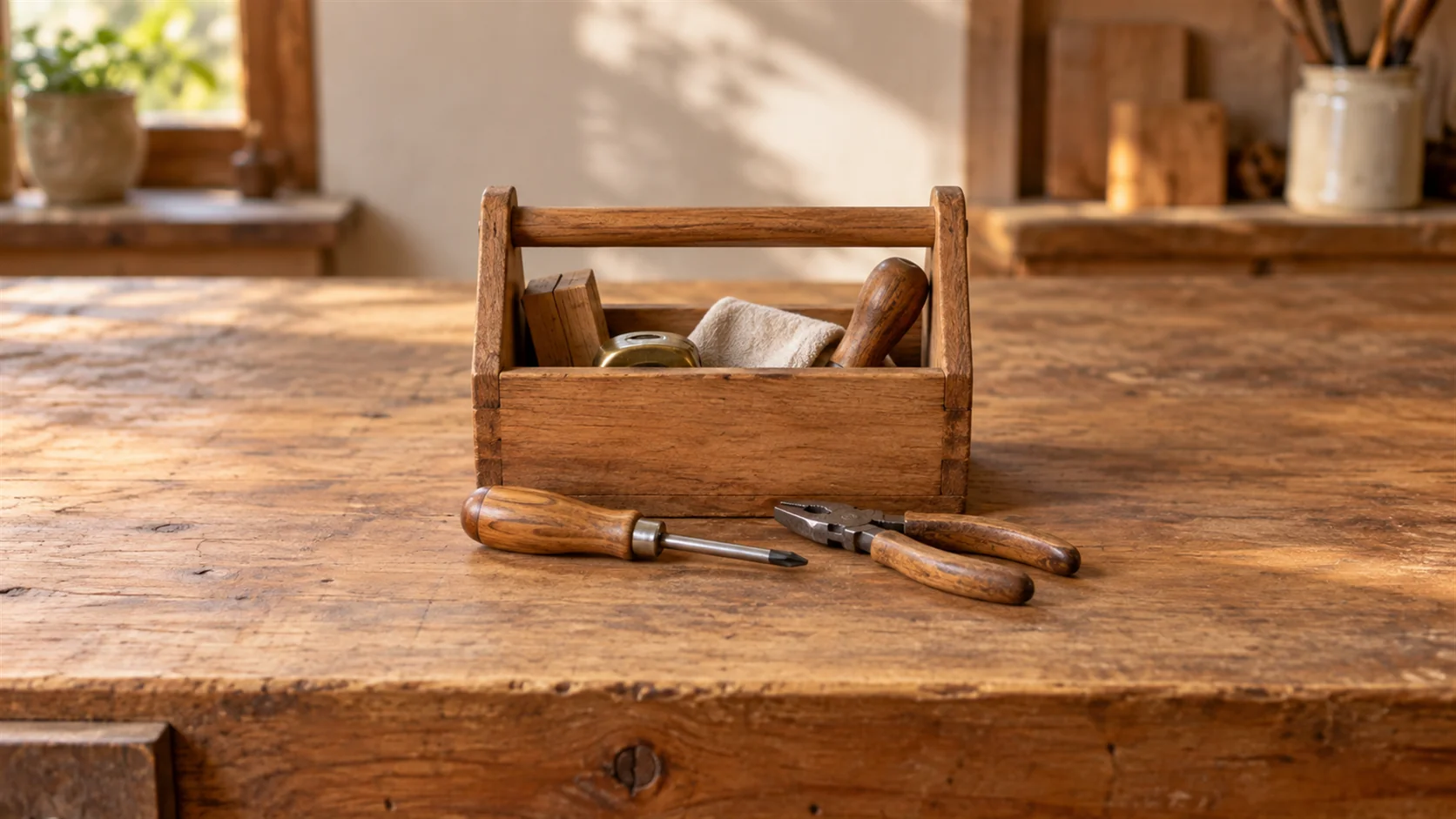 A compact plain toolbox with a few neatly arranged hand tools on a warm wooden workbench.