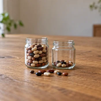 Two small glass jars with uneven amounts of beans beside a short row of scattered beans.