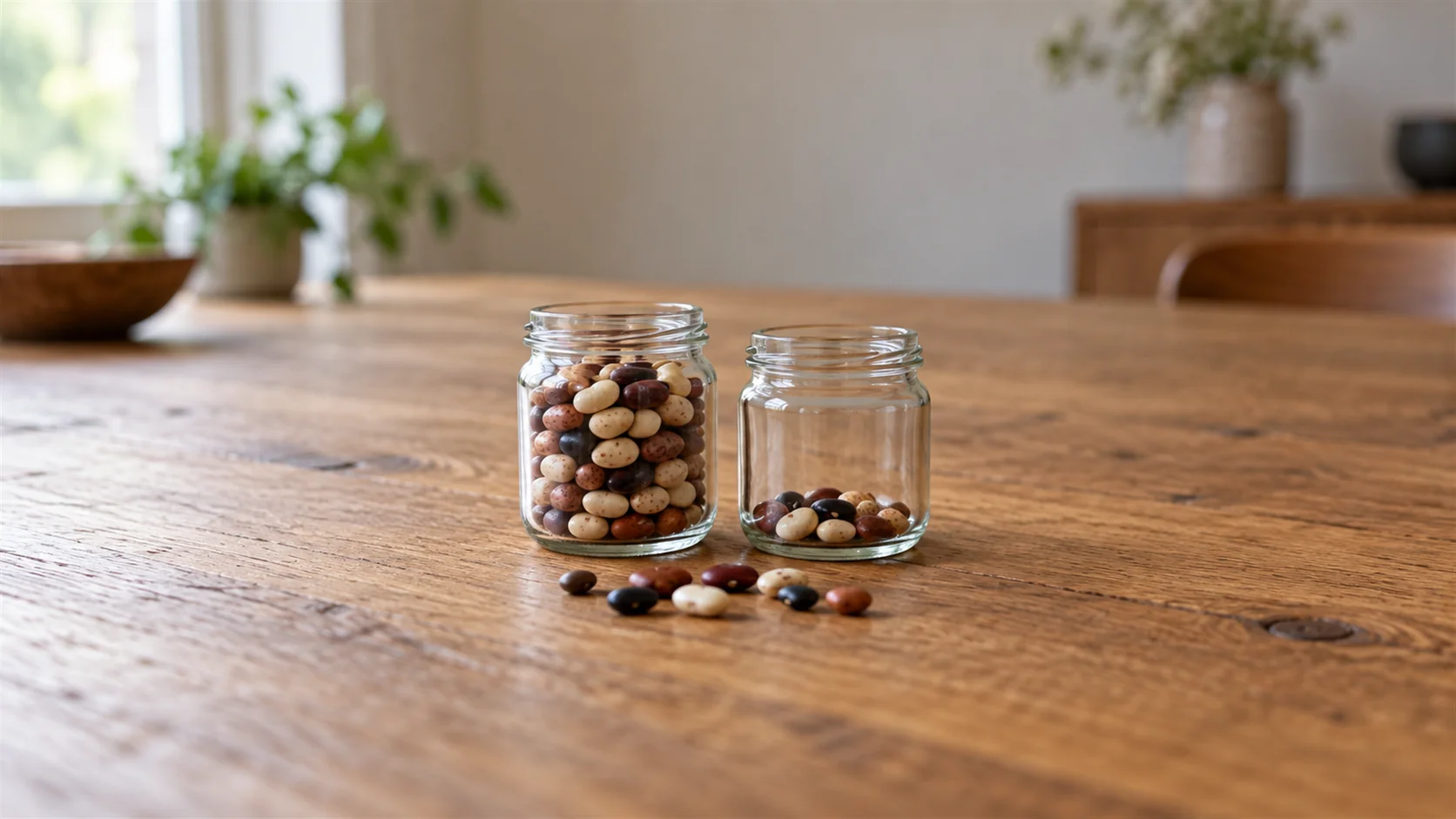 Two small glass jars with uneven amounts of beans beside a short row of scattered beans.