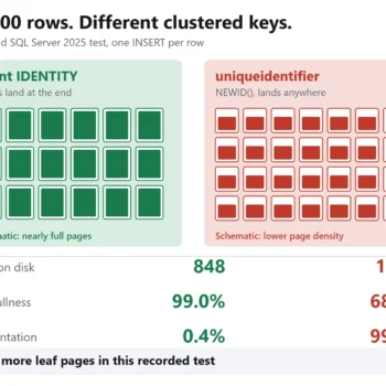 Recorded test: bigint used 848 leaf pages at 99 percent fullness; GUID used 1292 at 68.8 percent