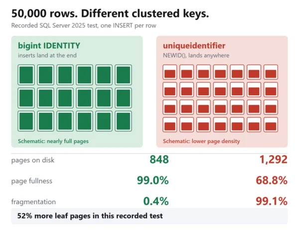 Recorded test: bigint used 848 leaf pages at 99 percent fullness; GUID used 1292 at 68.8 percent
