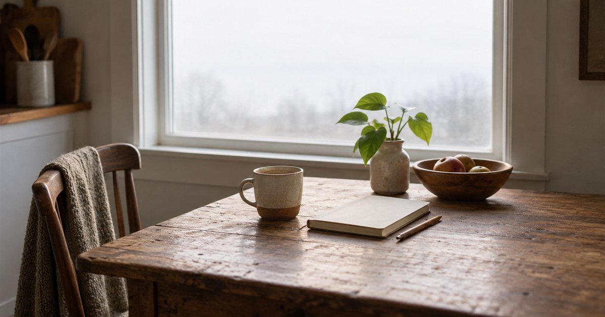 A half finished cup on a kitchen table against a bright overcast window