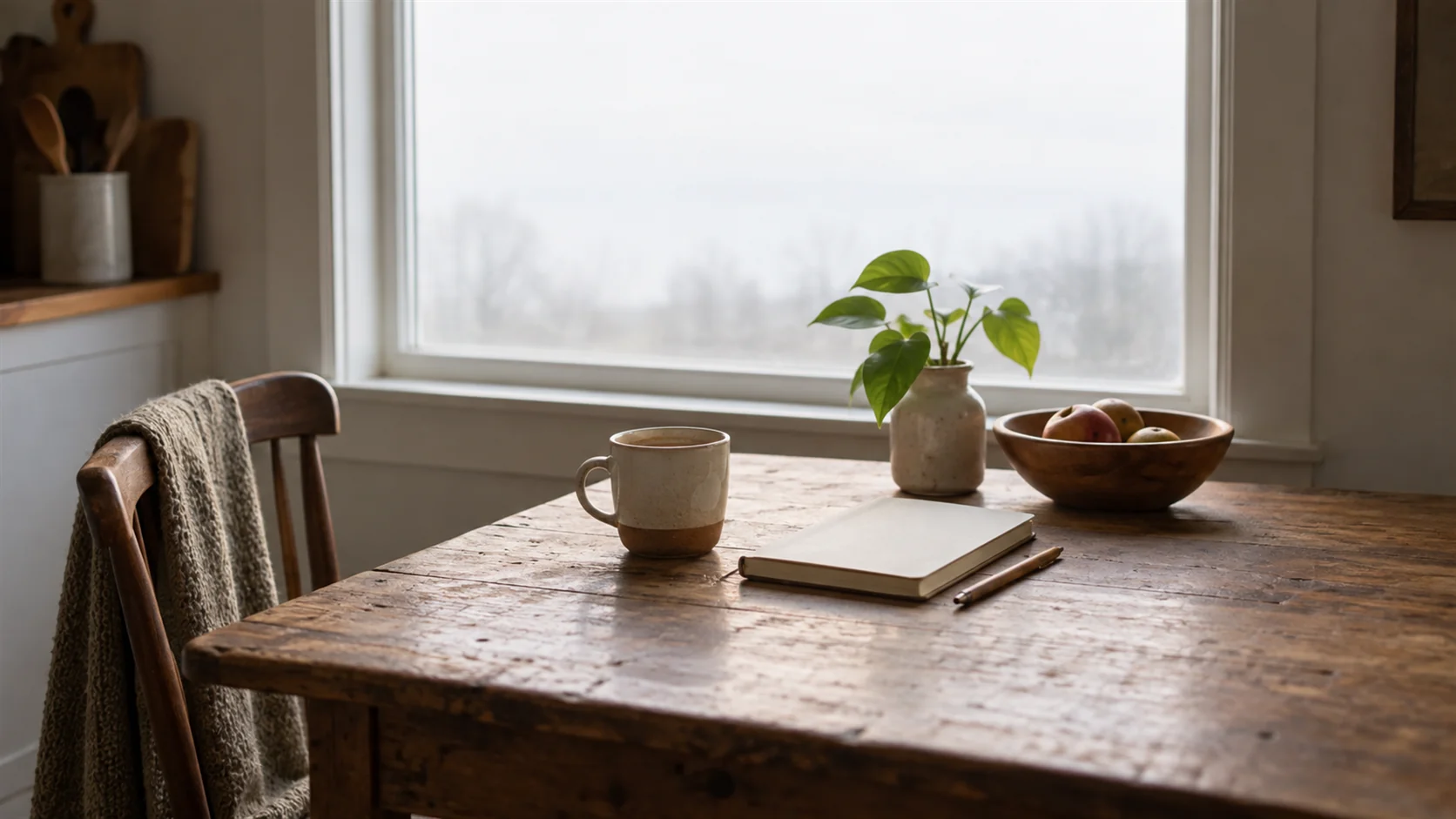 A half finished cup on a kitchen table against a bright overcast window