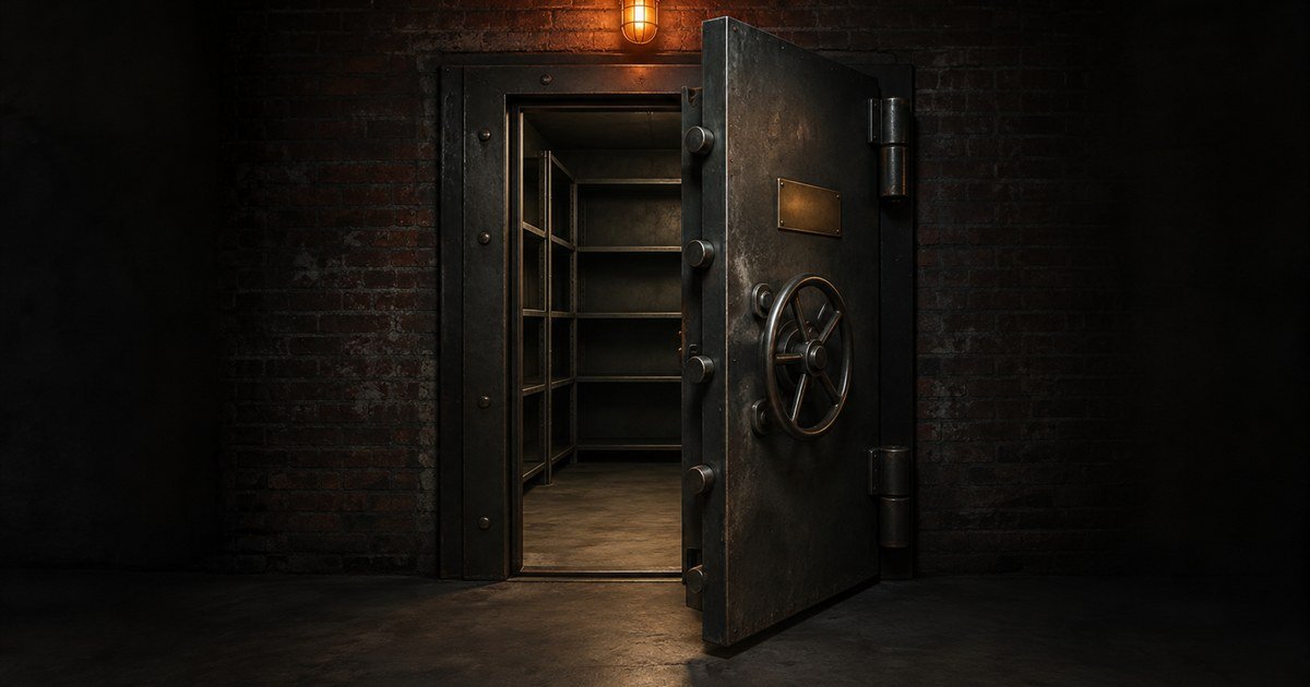 A half open strongroom door showing empty shelves inside