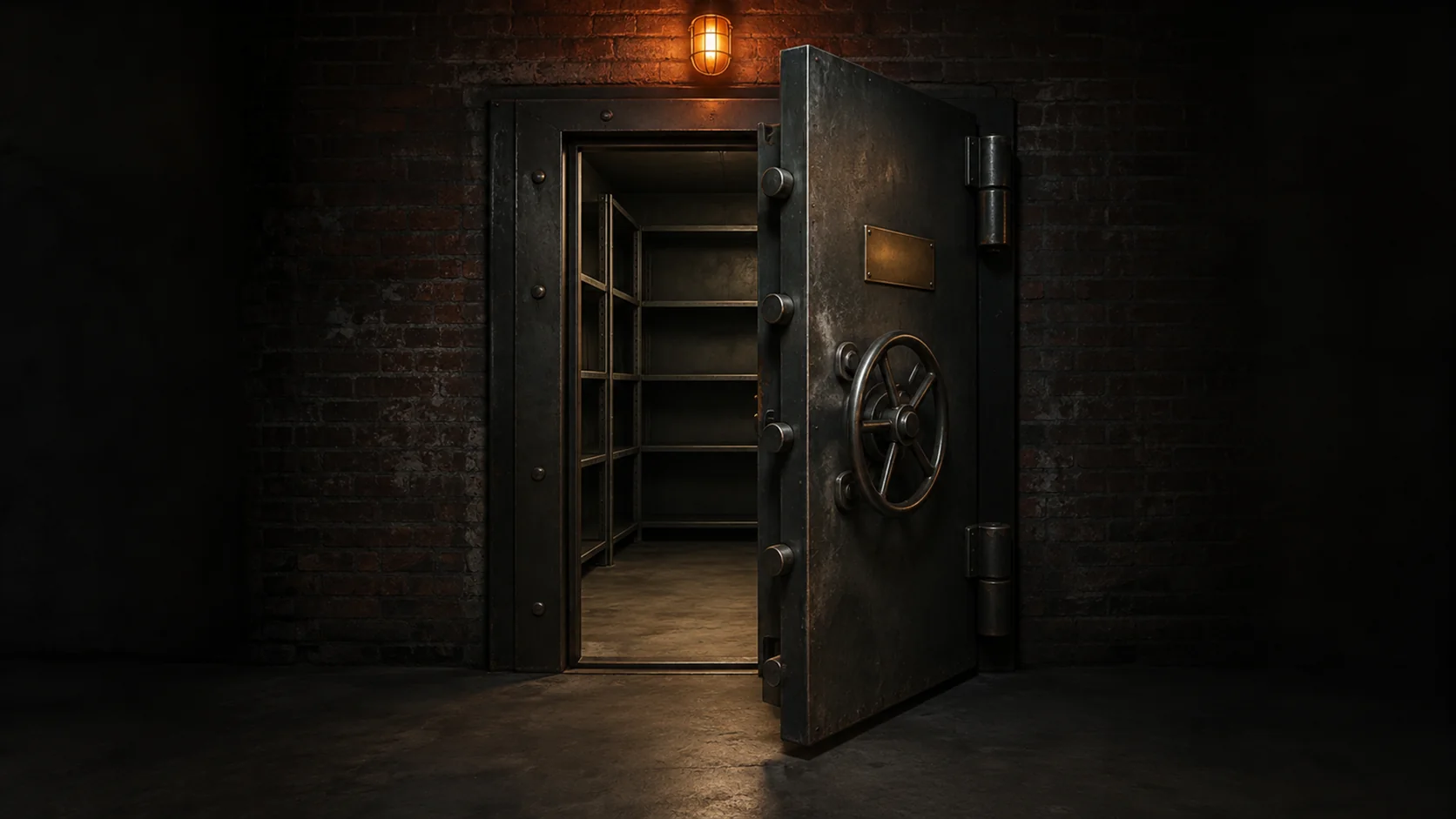A half open strongroom door showing empty shelves inside