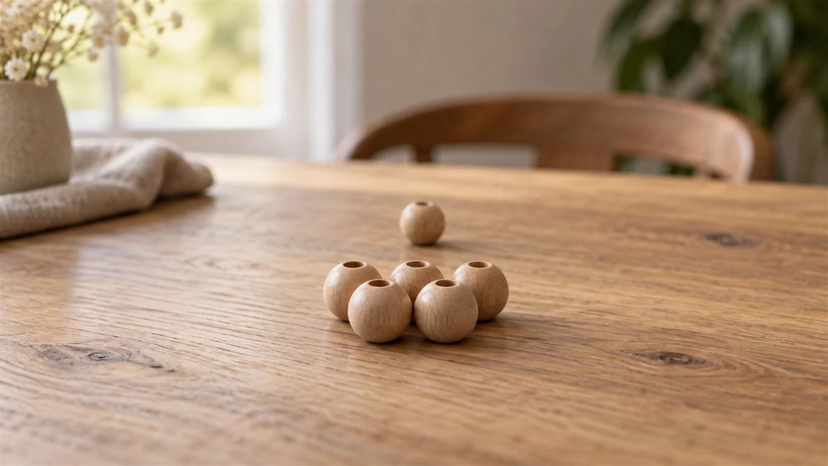 One small wooden bead resting behind a neatly arranged group of matching beads on a table.