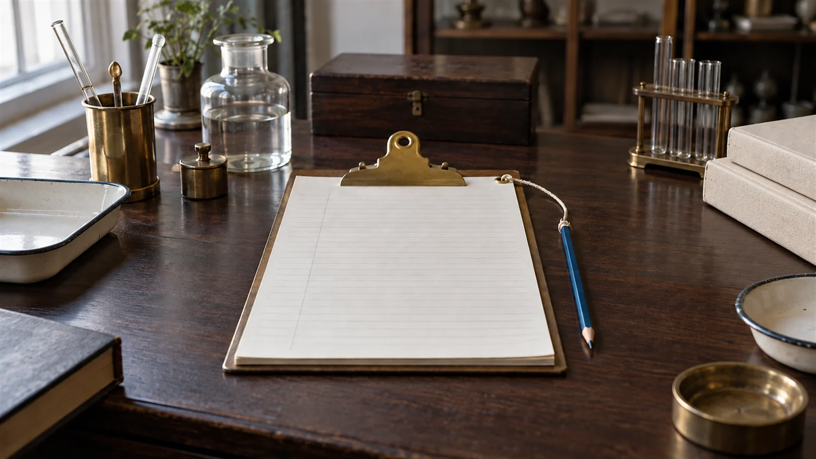 A ruled logbook on a clipboard with a column of small pencil marks and a pencil on a string.