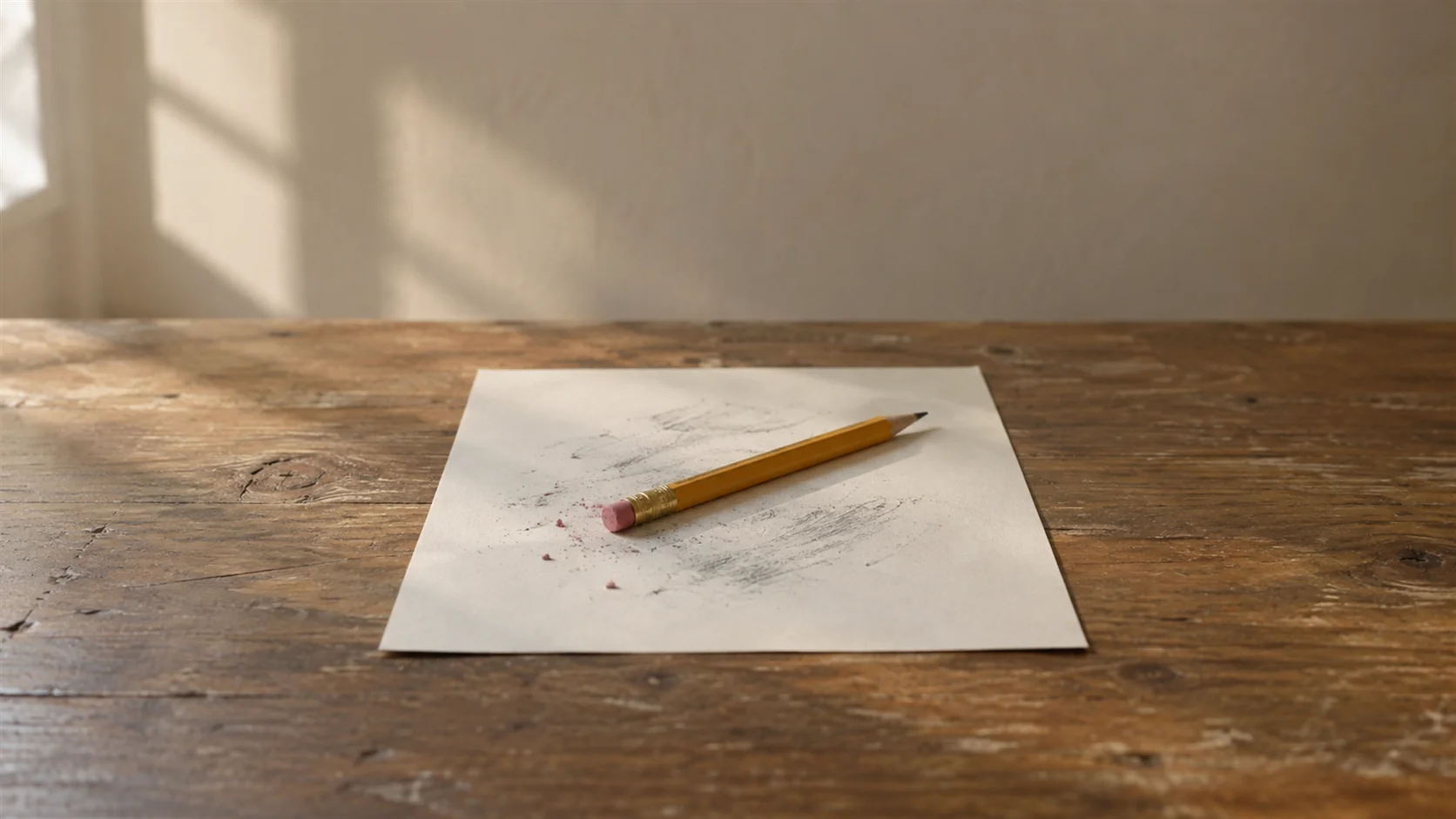 A pencil with a worn pink eraser lying on paper covered in faint eraser marks.