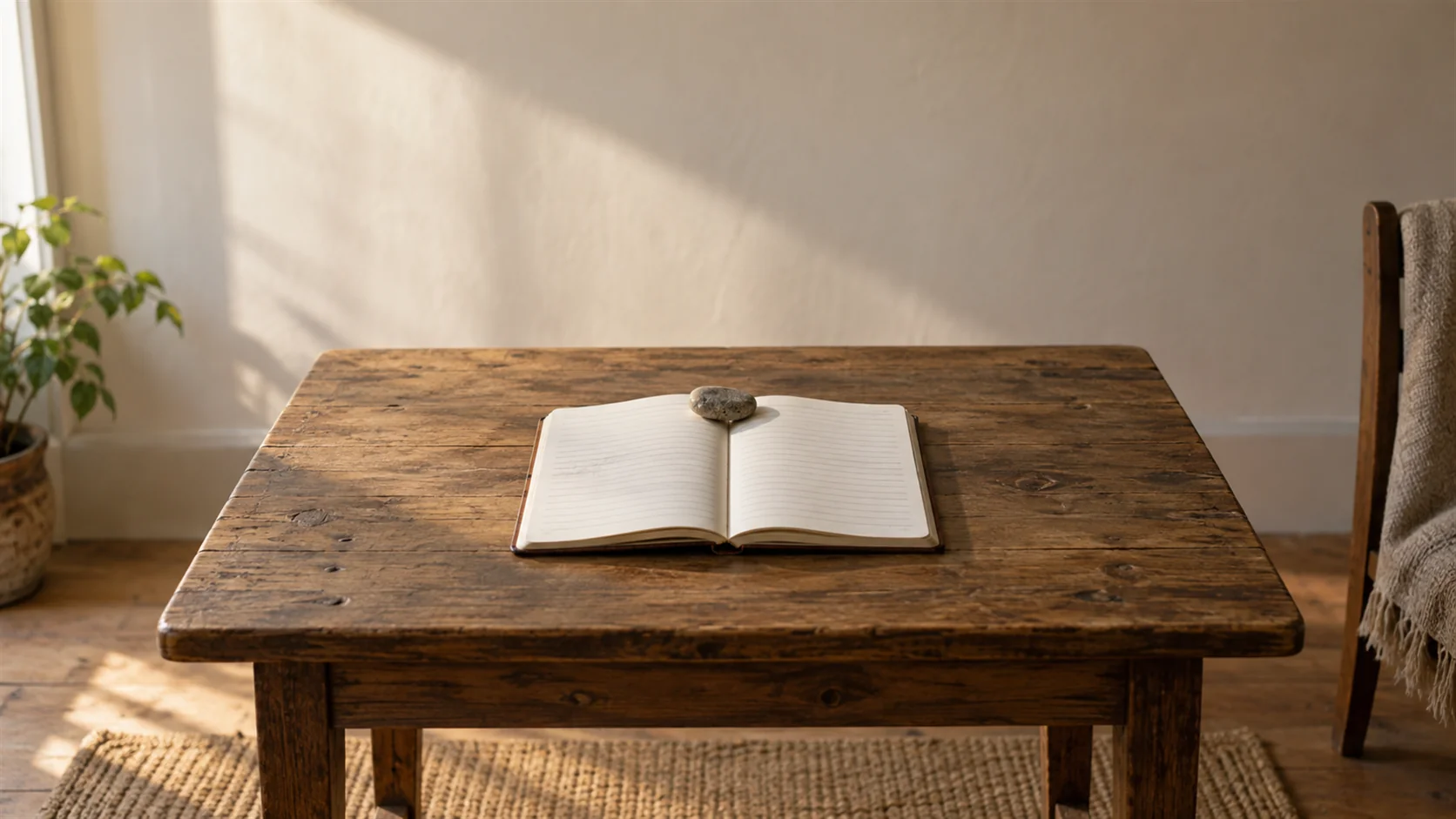 A ruled notebook open at a page of crossings-out, held flat by a small stone.