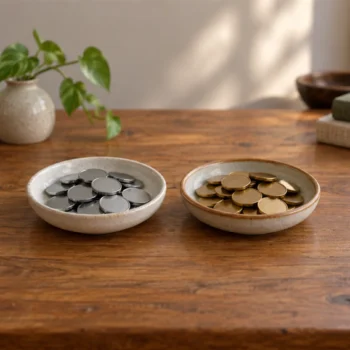 Plain metal counting tokens sit in separate shallow trays on a quiet wooden desk.
