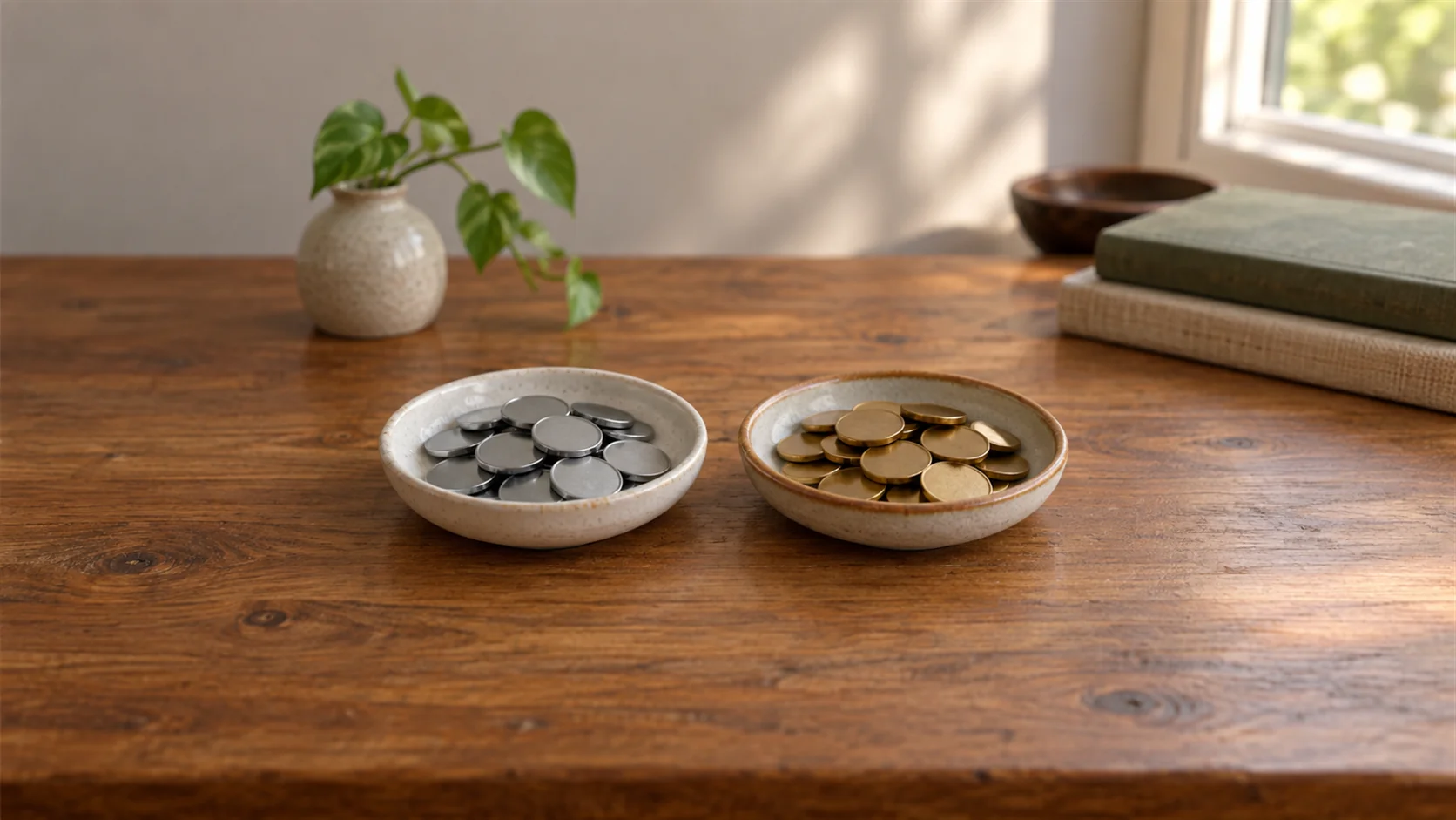 Plain metal counting tokens sit in separate shallow trays on a quiet wooden desk.